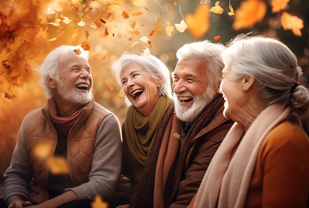 un gruppo di persone sta ridendo mentre è seduto di fronte alle foglie nello stile del caninecore