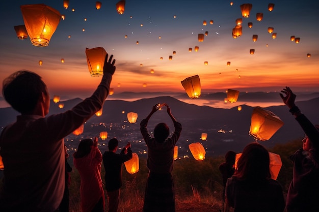 Un gruppo di persone sta rilasciando lanterne di carta nel cielo.