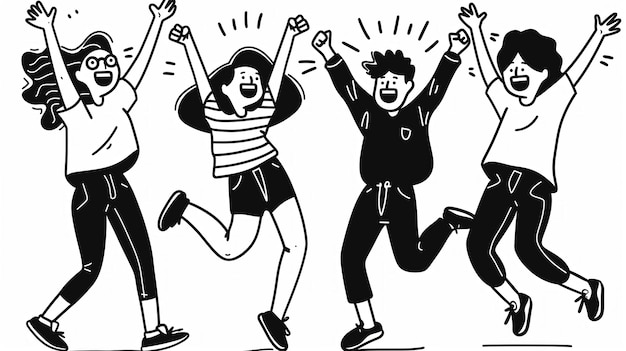 Un gruppo di persone sta saltando su e giù concetto di gioia ed eccitazione illustrazioni di linee semplici 2d una scena di quattro persone eccitate che saltano e sorridono in bianco e nero