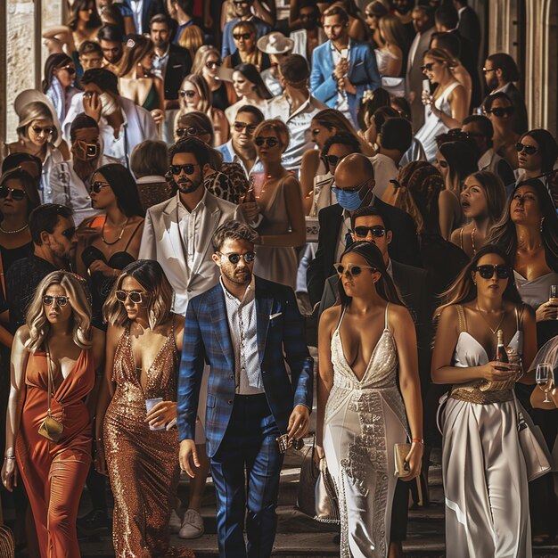 un gruppo di persone sta scendendo le scale e uno ha un drink in mano