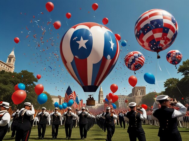 un gruppo di persone sta volando palloncini e uno di loro indossa un cappello rosso bianco e blu