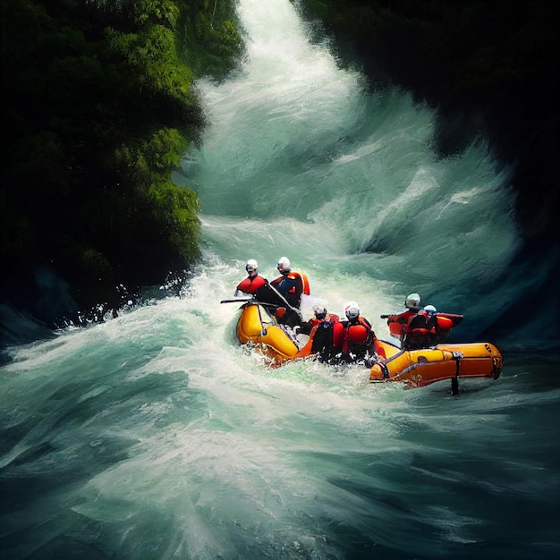 Un gruppo di persone su una zattera che scende lungo un fiume.