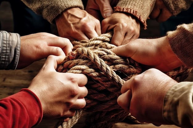 Un gruppo di persone tiene insieme una corda.