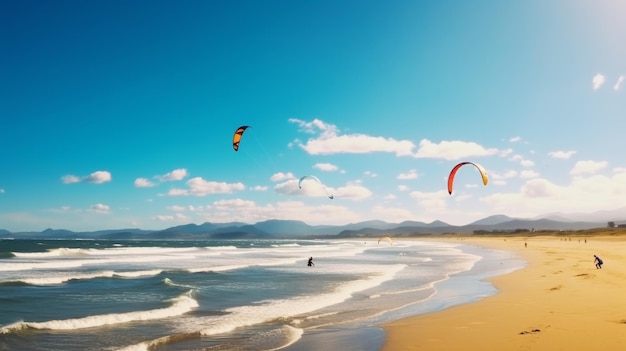 Un gruppo di persone vola gioiosamente aquiloni su una spiaggia sabbiosa sotto un cielo blu limpido