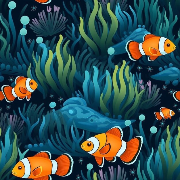 un gruppo di pesci pagliaccio che nuotano nell'oceano circondati da alghe generatrici ai
