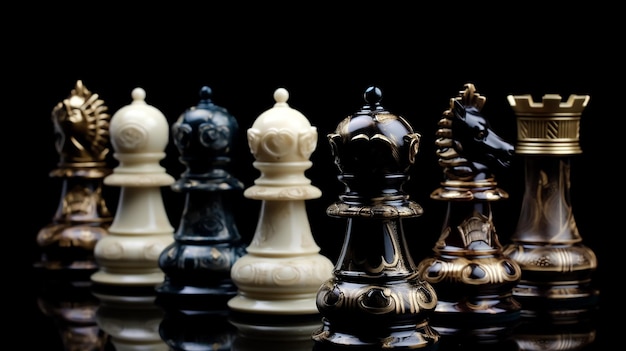 Un gruppo di pezzi di scacchi sono allineati su un tavolo.