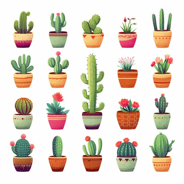 un gruppo di piante di cactus in vasi di diversi colori generativi ai