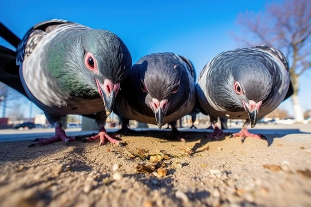 Un gruppo di piccioni che picchiano i cereali dal suolo