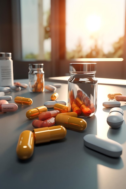 Un gruppo di pillole mediche si siede sul tavolo