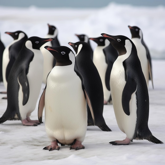 Un gruppo di pinguini è in piedi insieme nella neve.