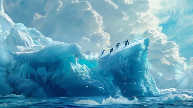 Un gruppo di pinguini in piedi sulla cima di un iceberg