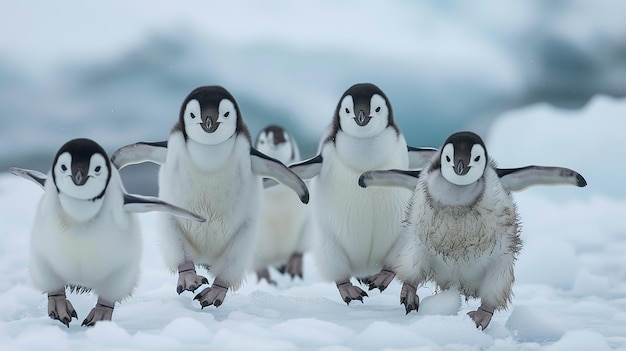 un gruppo di pinguini sono allineati in una fila