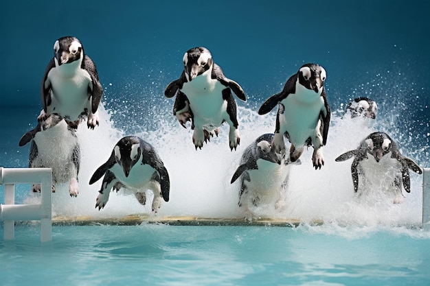 un gruppo di pinguini sta correndo su un'onda nell'acqua
