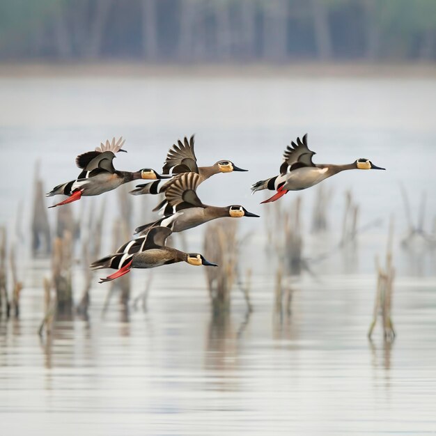 Un gruppo di pintails vola attraverso la nebbia al Ridgefield National Wildlife Refuge