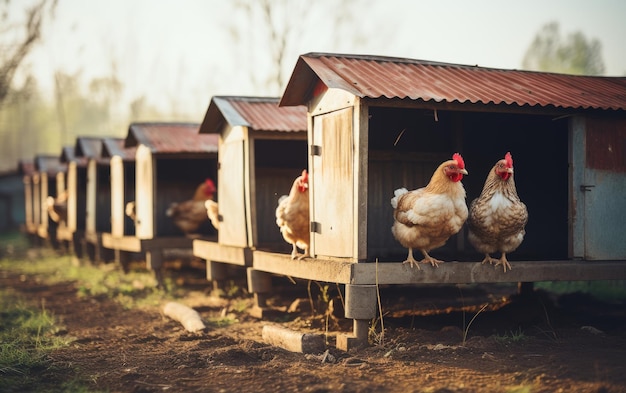 Un gruppo di polli in piedi con fiducia sulla cima di una struttura in legno