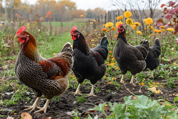 Un gruppo di polli in piedi sopra un campo di terra