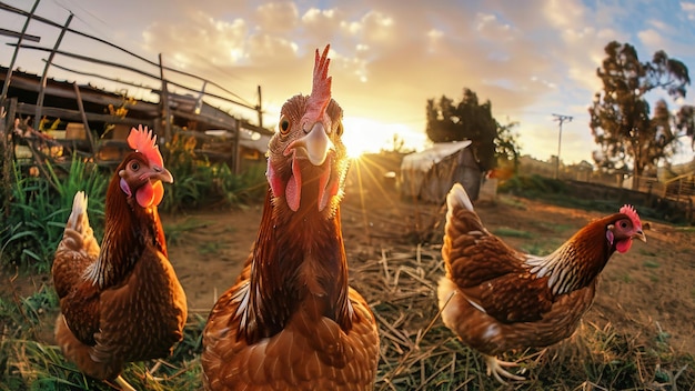 Un gruppo di polli in piedi su un campo di erba secca a beccare e grattare il terreno