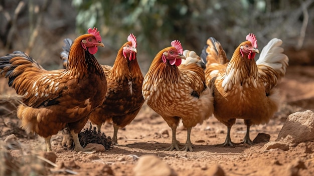 Un gruppo di polli sta insieme in una fattoria.