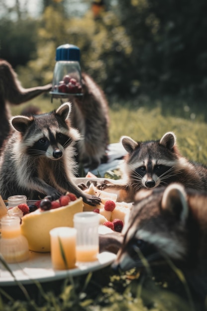 Un gruppo di procioni all'immagine generativa ai picnic all'aperto