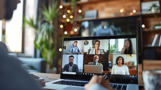 Un gruppo di professionisti aziendali multietnici partecipa a una videoconferenza utilizzando un computer portatile