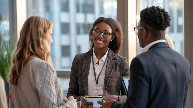 Un gruppo di professionisti aziendali sta facendo networking ad una conferenza. Sono tutti sorridenti e impegnati in una conversazione.