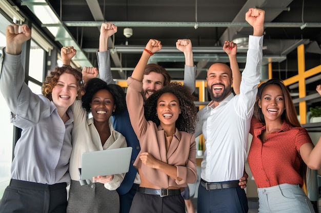 Un gruppo di professionisti esaltati che festeggiano una vittoria di squadra in un moderno ufficio