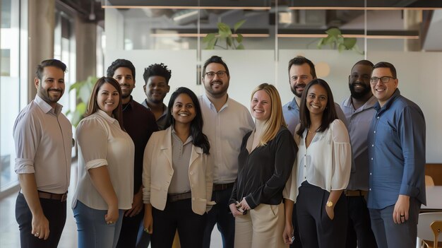 Un gruppo di professionisti imprenditoriali sorridenti posano per una foto in un ufficio