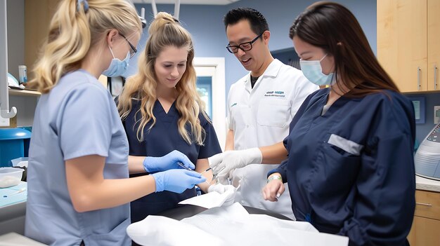 Un gruppo di professionisti medici in scrub e maschere lavorano insieme in un ambiente medico moderno