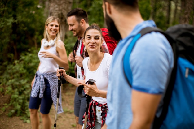 Un gruppo di quattro amici che fanno un&#39;escursione insieme attraverso una foresta