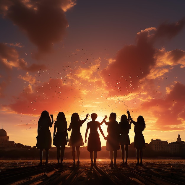 un gruppo di ragazze che si tengono per mano e il sole tramonta dietro di loro