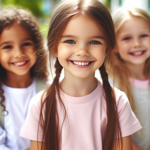 un gruppo di ragazze con una camicia bianca che dice "la bambina sta sorridendo"