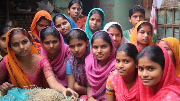 Un gruppo di ragazze in sari rosa e verdi siedono in un gruppo.