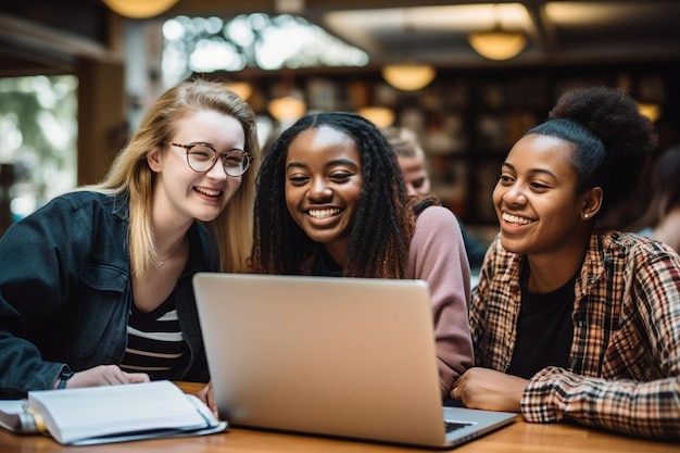 Un gruppo di ragazze sta guardando un laptop che dice "felice".