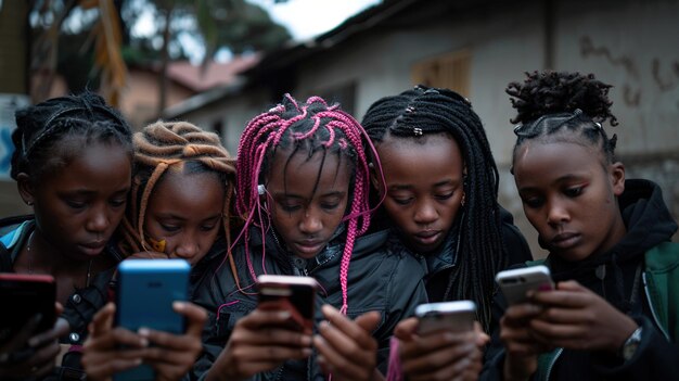 Un gruppo di ragazze stanno guardando i loro telefoni cellulari