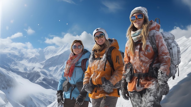 Un gruppo di ragazze viaggiatrici con uno zaino in piedi sulle montagne innevate guardano la telecamera