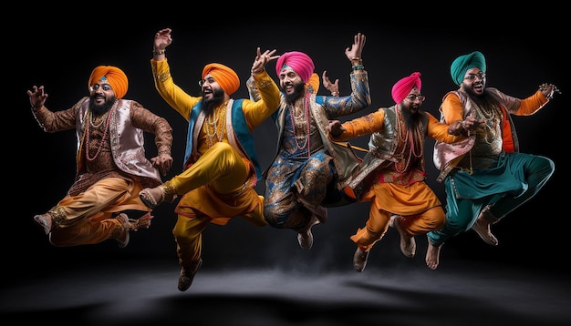 Un gruppo di ragazzi punjabi con abiti tradizionali che fanno bhangra