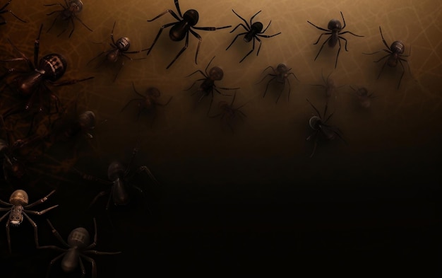 Un gruppo di ragni neri è su uno sfondo scuro.