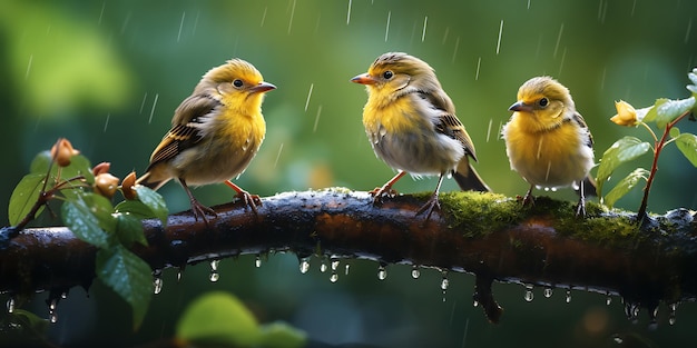 un gruppo di robini europei seduti su un ramo sotto la pioggia