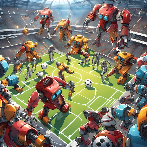 Un gruppo di robot giganti che giocano a una partita di calcio calcio 2 sfondo del gioco ai