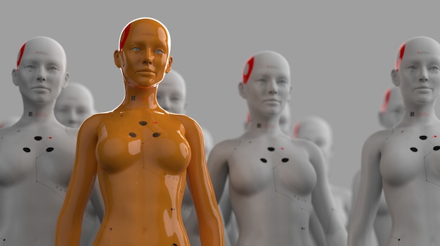 Un gruppo di robot in forma femminile, uno dei quali ha una netta differenza dal resto