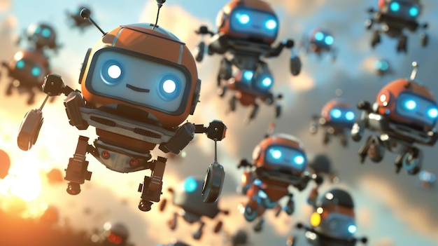 Un gruppo di robot volanti con facce carine generate dall'AI