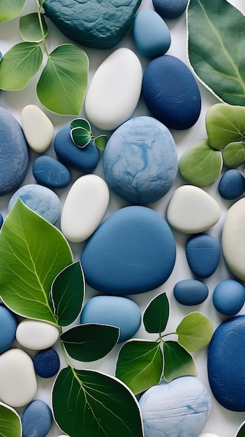 Un gruppo di rocce blu e bianche con foglie verdi