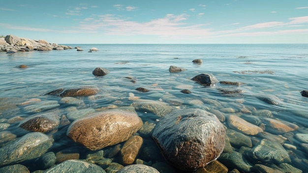 un gruppo di rocce sedute sopra un corpo d'acqua