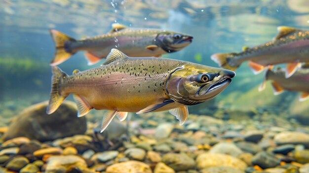 Un gruppo di salmoni che nuota in acque poco profonde