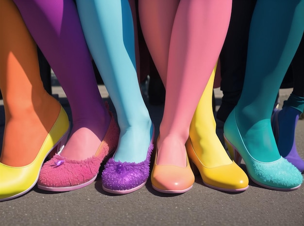 Un gruppo di scarpe colorate è allineato in fila.