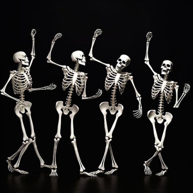 Un gruppo di scheletri che ballano e indossano uno sfondo nero.