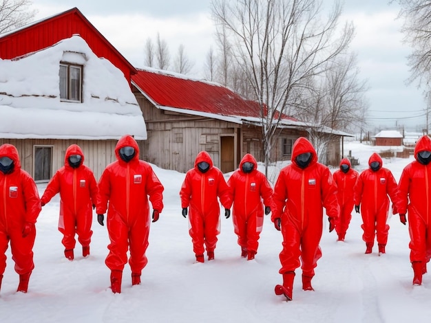 Un gruppo di scienziati in protezione chimica rossa