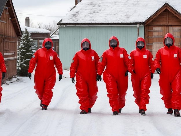 Un gruppo di scienziati in protezione chimica rossa