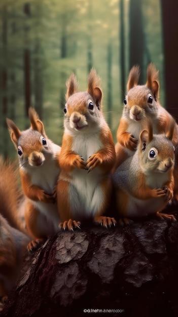 Un gruppo di scoiattoli rossi è seduto su un tronco d'albero.