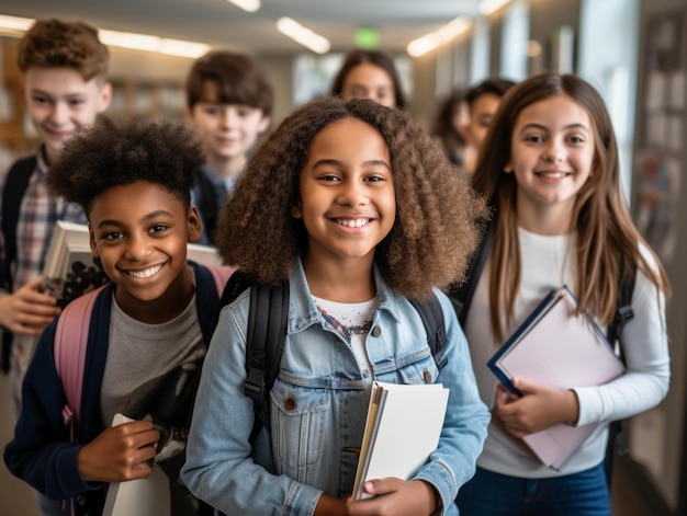 Un gruppo di scolari diversi e felici con volti sorridenti in piedi in un'aula in posa insieme